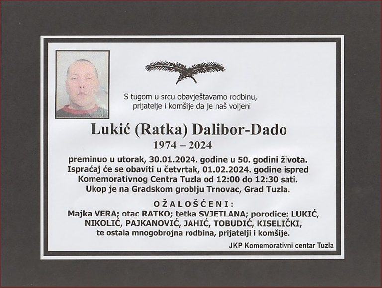 In memoriam - Dalibor Lukic - posmrtnice