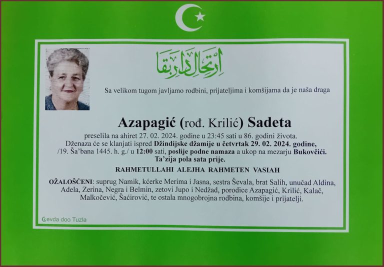 In memoriam-Sadeta Azapagić Krilic - Tuzla