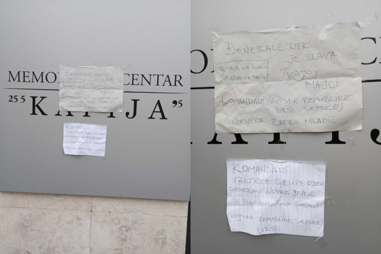 sramotan natpis podrska ratnim zlocincima mladicu i djukicu postavljen na memorijalni centar kapija u tuzli