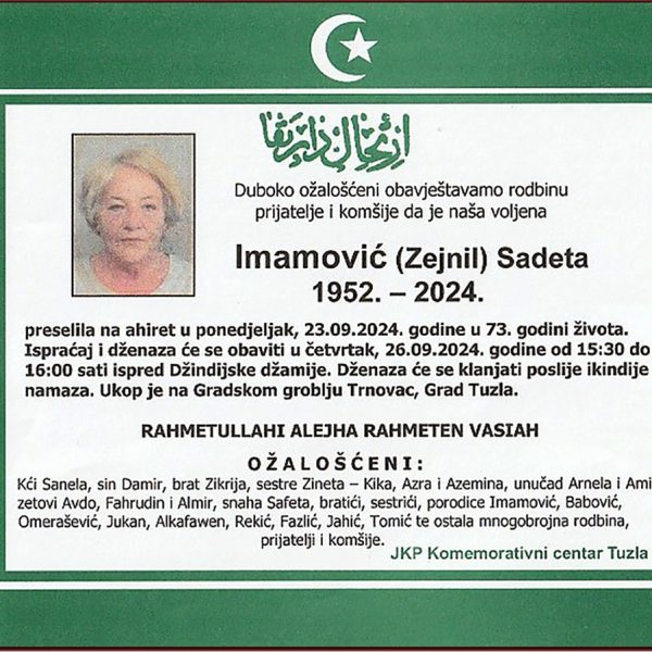 In memoriam: Sadeta (Zejnila) IMAMOVIĆ