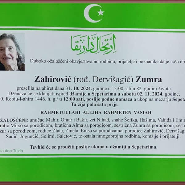 In memoriam: Zumra ZAHIROVIĆ (Dervišagić)