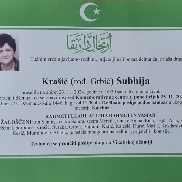 In memoriam: Subhija KRAŠIĆ (Grbić)