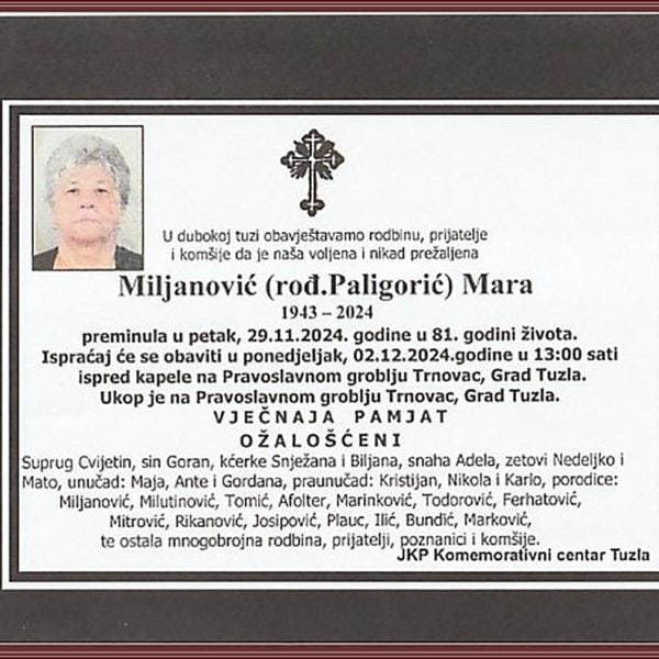 In memoriam: Mara MILJANOVIĆ (Paligorić)