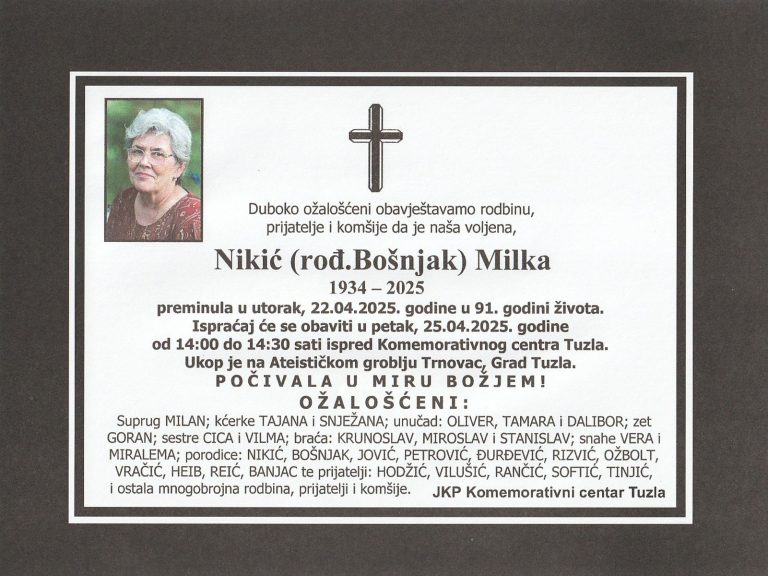 In memoriam, Milka Nikic - Bosnjak