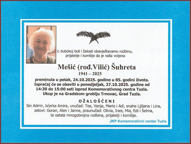 Ugrožena osoba na sahrani, obavještenje o sahrani u Tuzli, tuga i žalost zbog gubitka bliske osobe.