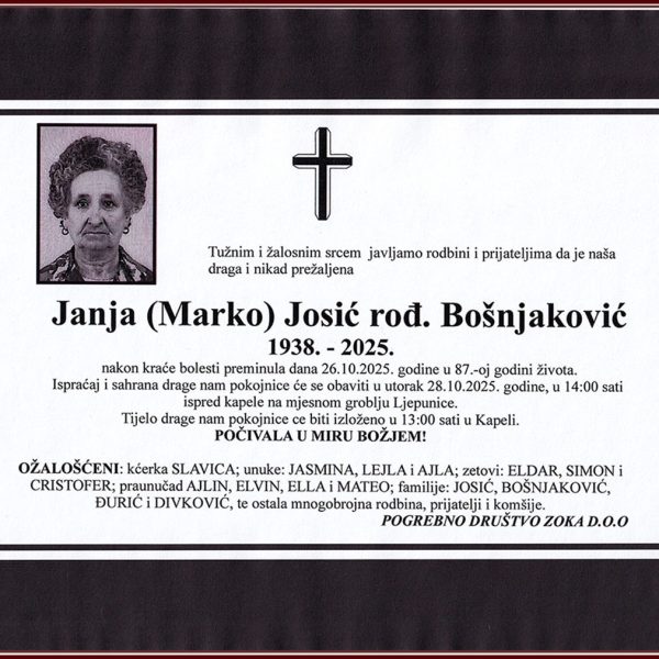 In memoriam: Janja JOSIĆ (Bošnjaković)