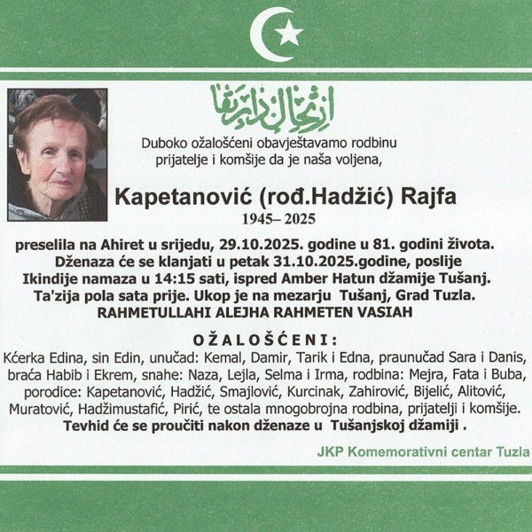 In memoriam: Rajfa KAPETANOVIĆ (Hadžić)