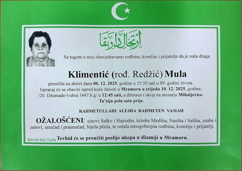 Preminula žena, obavještenje, Tuzla, ahiret, sahrana, porodica i prijatelji.