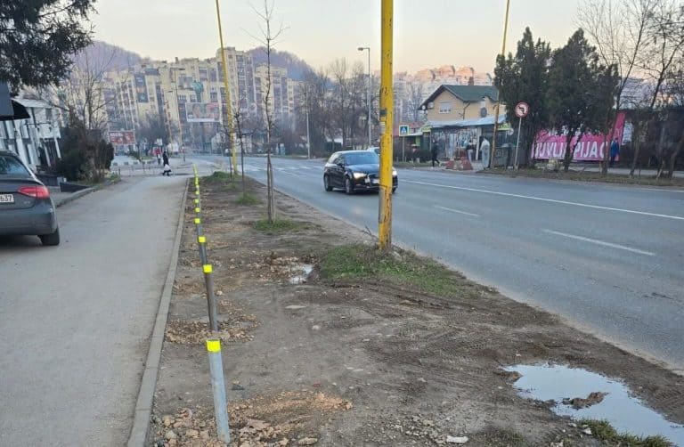 stubici postavljeni na trotoar u sarajevskoj ulici radi sprecavanja nepropisnog parkiranja