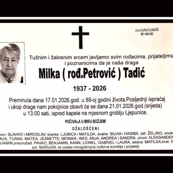 (Obitelji i rodbini upućujemo iskrenu sućut. Počivala u miru Božjem - portal TuzlaLIVE.ba; Foto: PD Juraj, Ljubače)