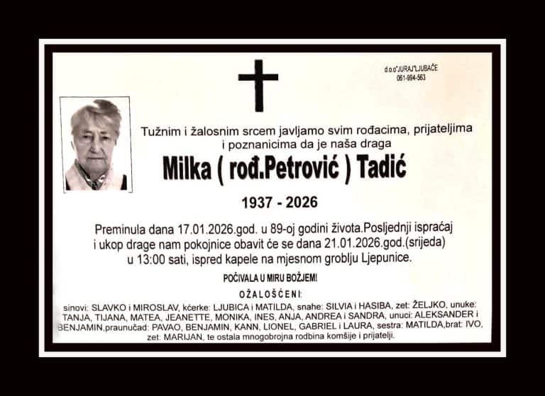 (Obitelji i rodbini upućujemo iskrenu sućut. Počivala u miru Božjem - portal TuzlaLIVE.ba; Foto: PD Juraj, Ljubače)