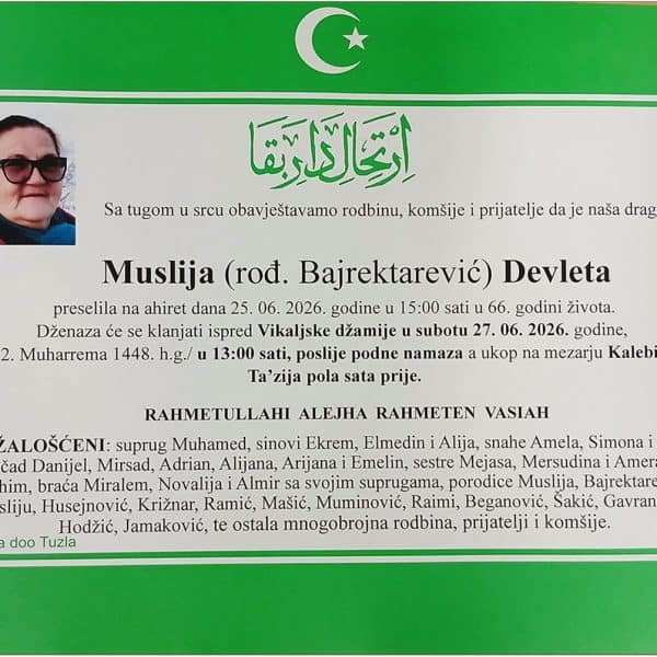 Preminula je u 66. godini Devleta Muslija (Bajrektarevic). Mir dusi njenoj