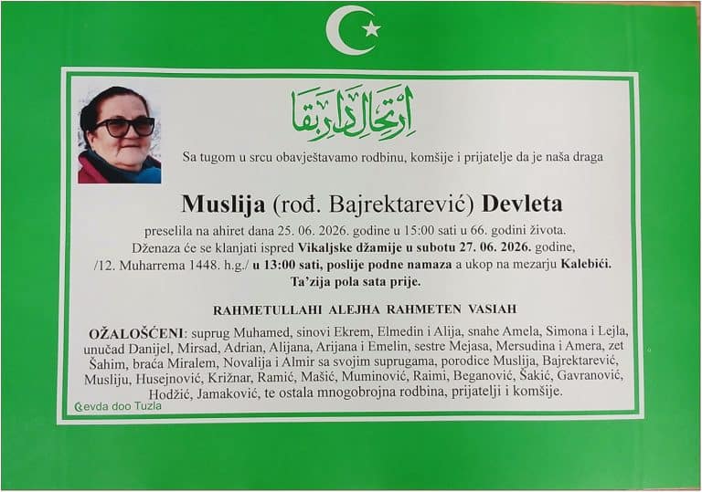 Preminula je u 66. godini Devleta Muslija (Bajrektarevic). Mir dusi njenoj