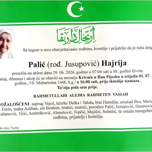 Preminula je Hajrija Palić - Jusupovic