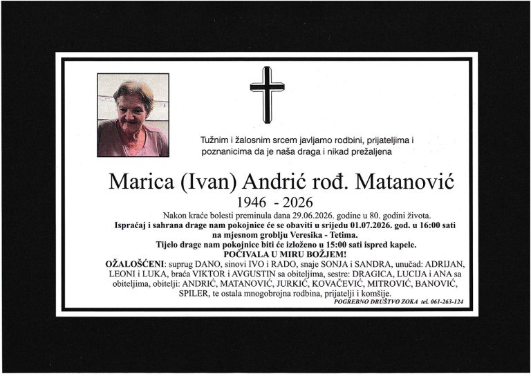 Preminula je Marica Andric - Matanovic. Počivala u miru Božjem