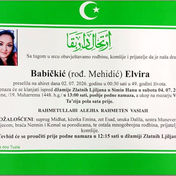 U Tuzli je u 49. godini preminula Elvira Babičkić - Mehidić. Laka joj bh. zemlja