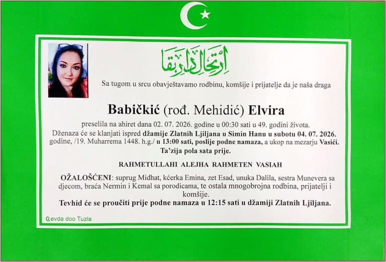 U Tuzli je u 49. godini preminula Elvira Babičkić - Mehidić. Laka joj bh. zemlja