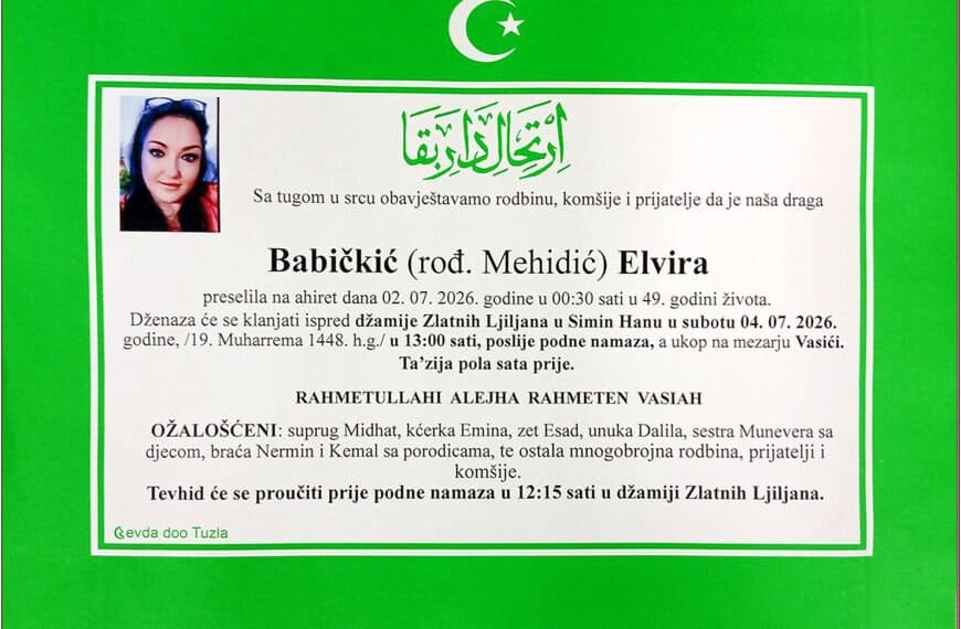 U Tuzli je u 49. godini preminula Elvira Babičkić - Mehidić. Laka joj bh. zemlja