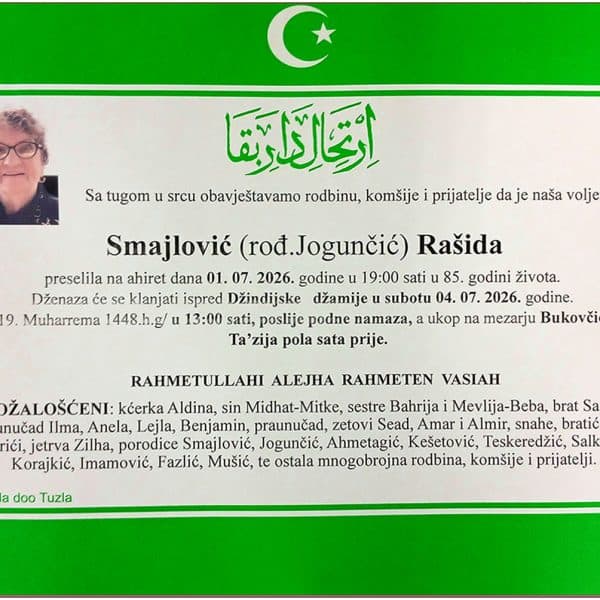 U Tuzli je preminula Rašida Smajlović - Jogunčić Dženaza i ukop je u subotu, 4. jula