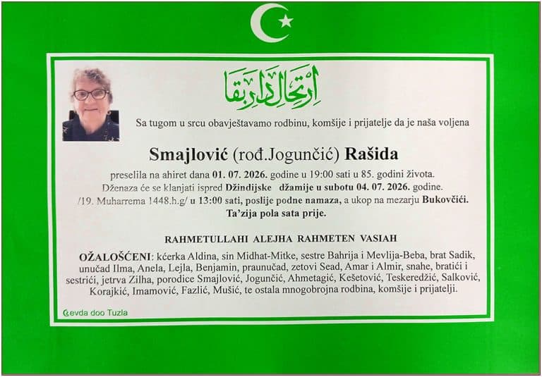 U Tuzli je preminula Rašida Smajlović - Jogunčić Dženaza i ukop je u subotu, 4. jula