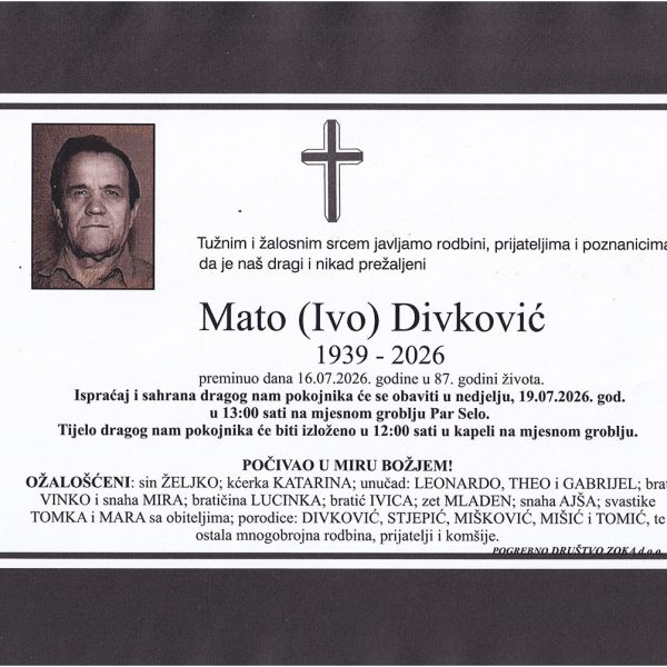 U Par Selu kod Tuzle u 87. godini preminuo je Mato (Ive) Divković