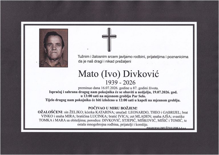 U Par Selu kod Tuzle u 87. godini preminuo je Mato (Ive) Divković