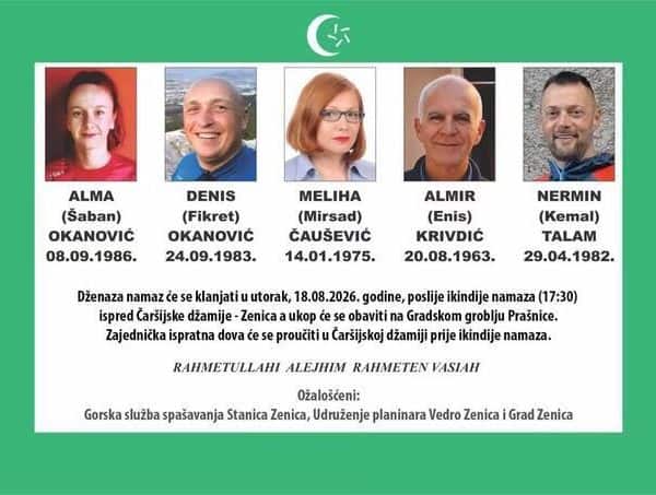 danas ce u zenici biti uprilicena komemoracija i klanjanja dzenaza za pet stradalih planinara koji su tragicno izgubili zivote na planini elbrus u rusiji