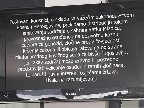 BH Telekom je ukinuo signal za emitovanje programa svih TV kuća koje prenose sahranu ratnog zločinca Ratka Mladića