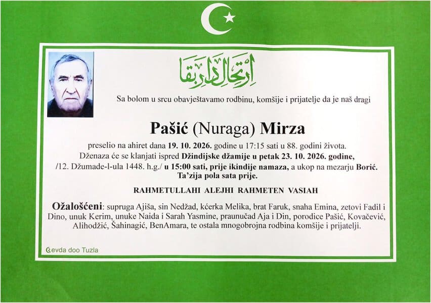 Preminuo je u 88. godini Mirza Nurage Pasic iz Tuzle